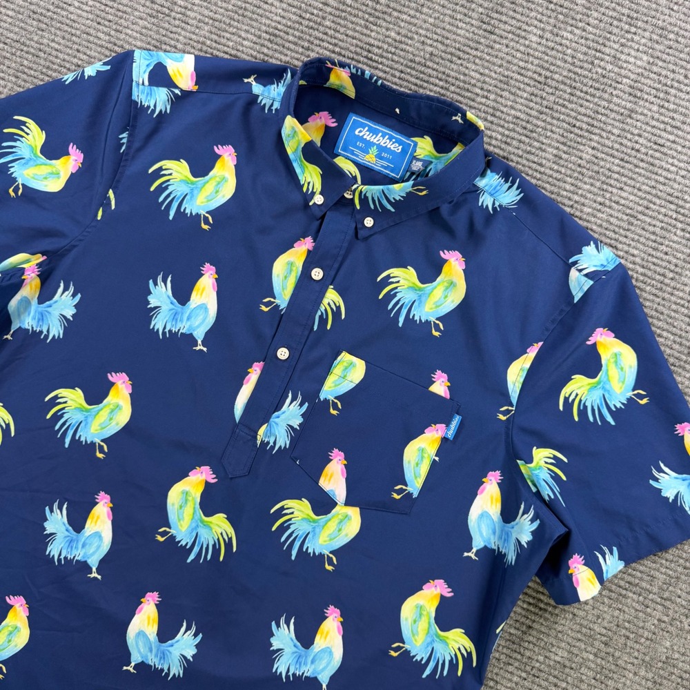 Chubbies The Weekend Shirt Mens XL Navy Rooster Print Performance Popover Casual